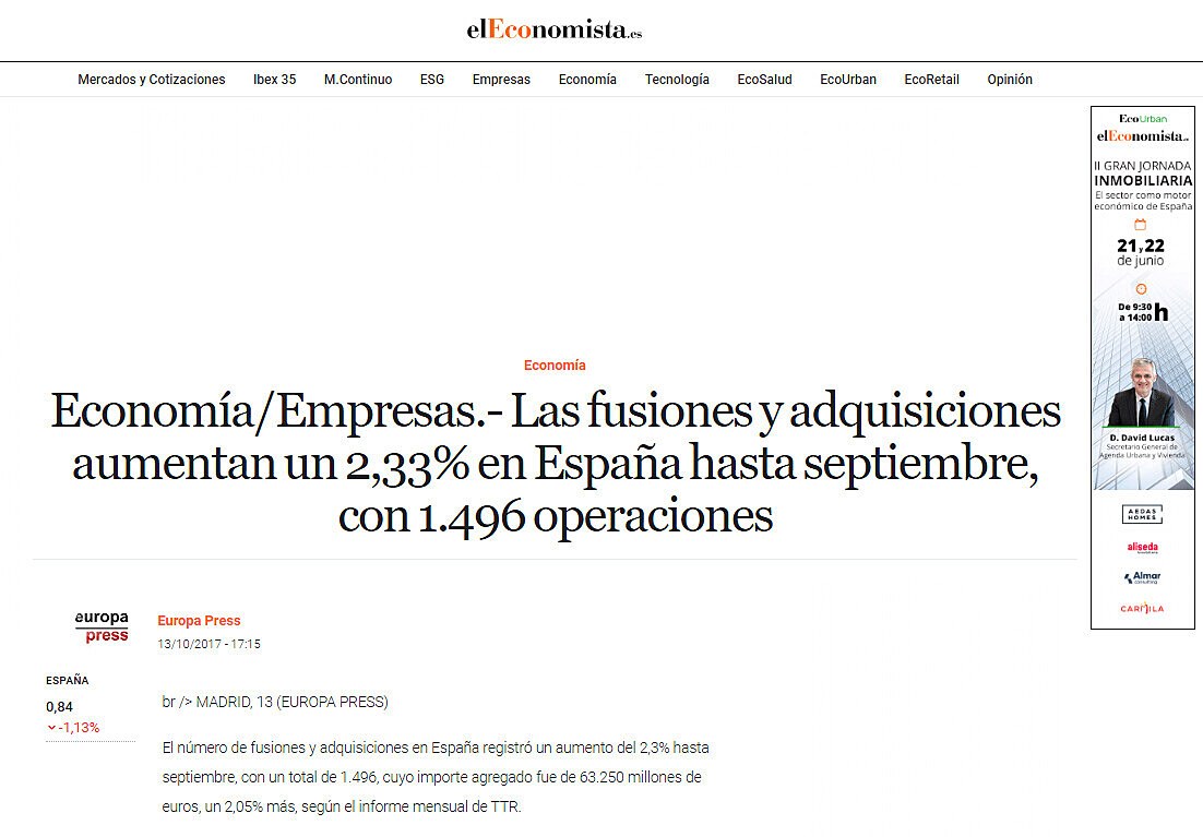 Las fusiones y adquisiciones aumentan un 2,33% en Espaa hasta septiembre, con 1.496 operaciones